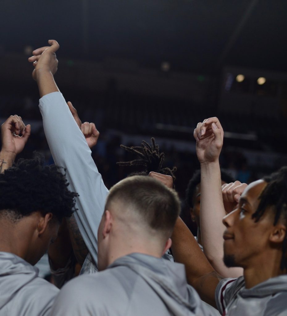 Aggies huddle up during game vs UTEP