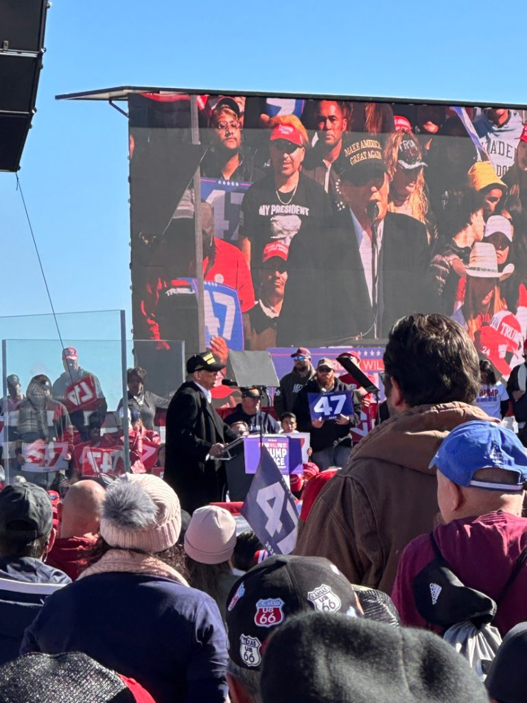 Former President Donald Trump speaking to New Mexicans at rally Oct. 31, 2024 at CSI Aviation Operation hangar in Albuquerque.